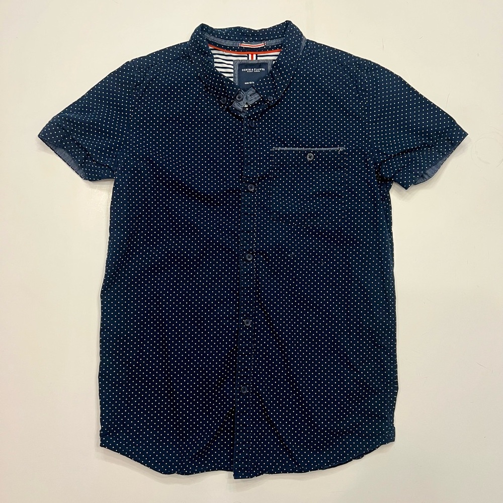 Denim & Flower Boys 13/14 Navy Dot Short Sleeve Button Up